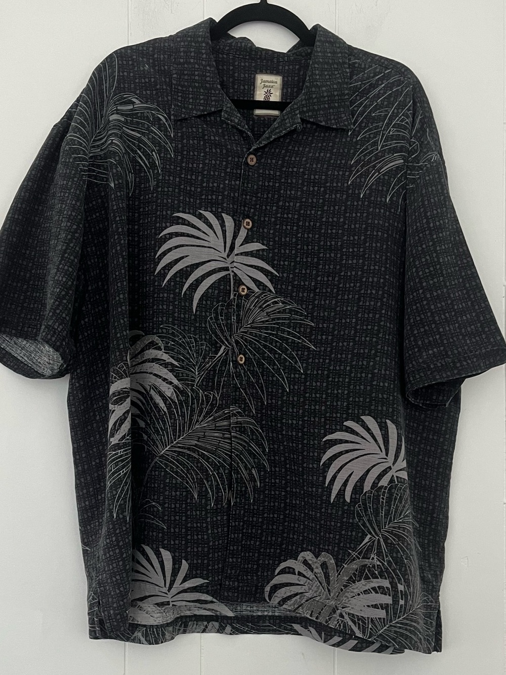 Jamaica Jaxx 100% Silk Short Sleeve Black Palm Leaves Button Down Shirt Size XXL